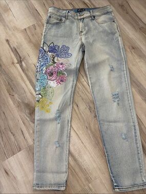 Light Blue Skinny Jeans with Multicolor Floral Sequin Accent